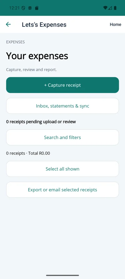 Let’s Expenses screen with receipt capture and export tools